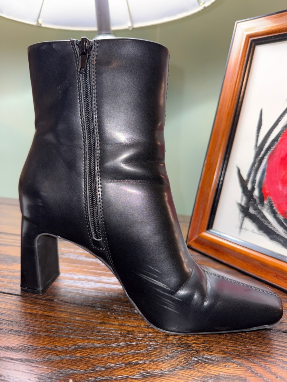 Women's Black Leather Square-Toe Ankle Boots INC SIZE 8 1/2 or 39 1/2 - Picture 8 of 12